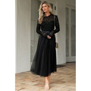 Baltic Born NWOT Lonnie Tulle Dress Black Lace Top Tulle Midi Long Sleeve Small